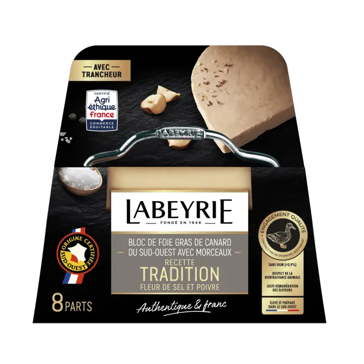 Bloc de foie gras de canard du Sud-Ouest avec morceaux Tradition fleur de sel et poivre